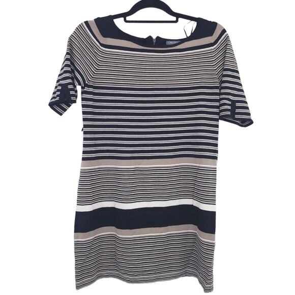 A Pea in the Pod Maternity Knit Sweater Medium Stripes Black, Tan, Short Sleeve - Picture 1 of 3